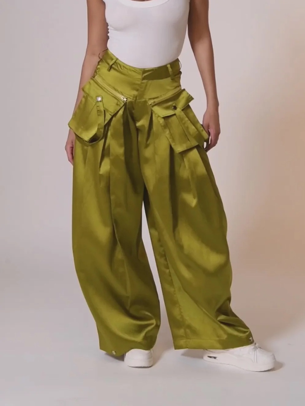 AKIRA Olive Green Satin Wide-Leg Cargo Pants
